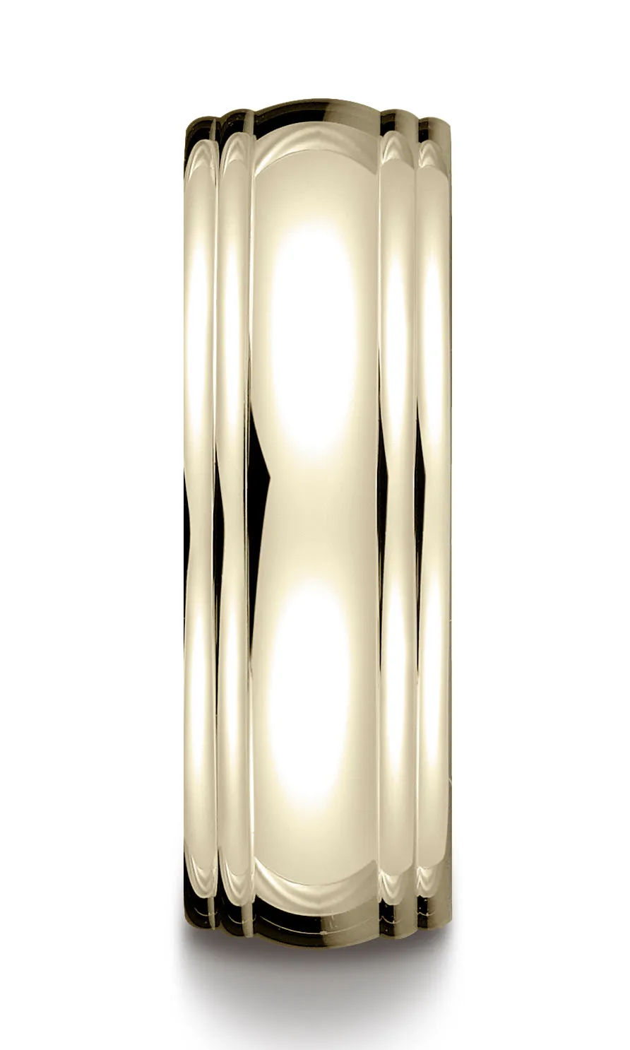 Benchmark 18K Yellow Gold 7.5mm Comfort-Fit High Polished Double Round Edge Carved Design Wedding Band