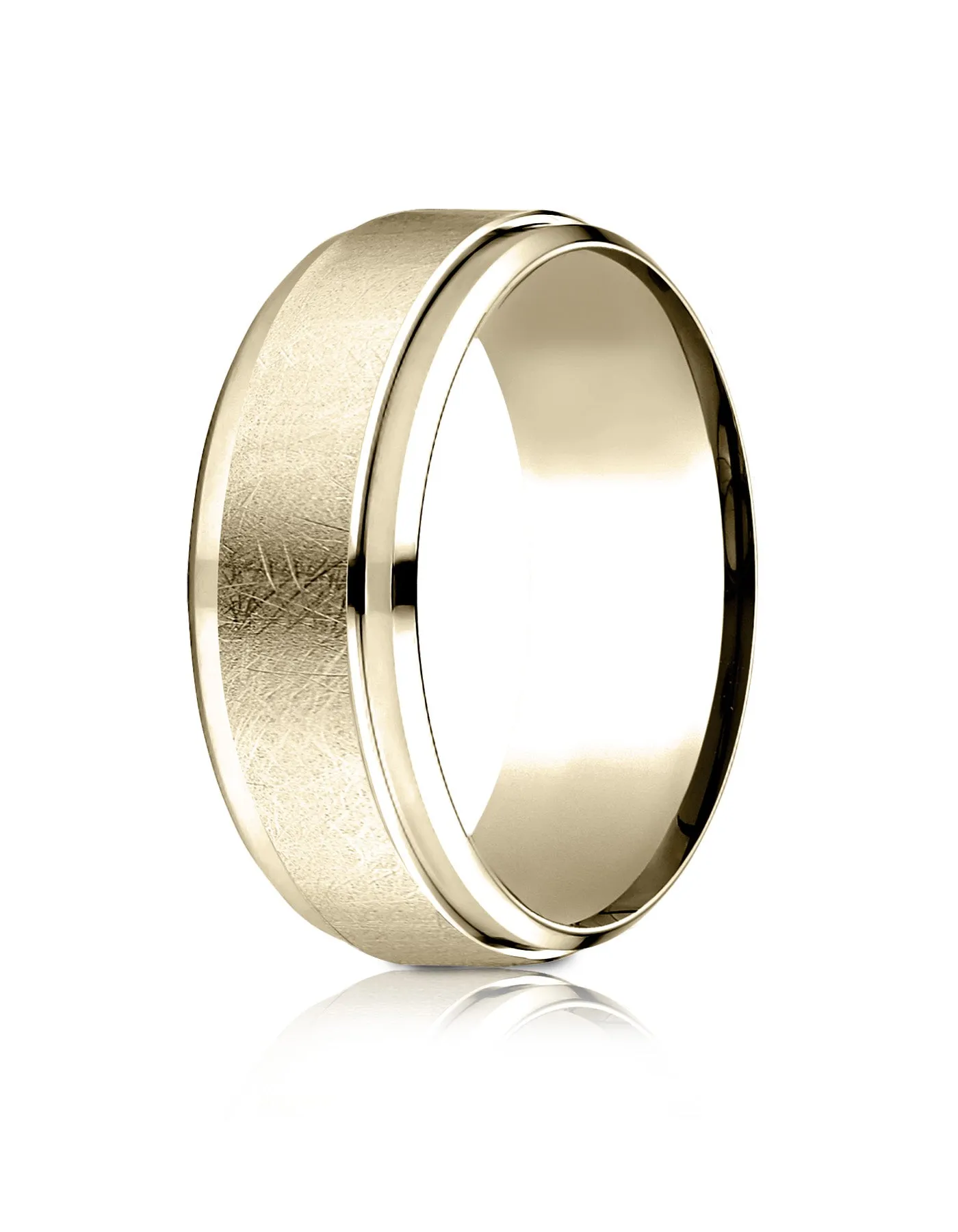Benchmark 18k Yellow Gold 7mm Comfort-Fit Drop Bevel Swirl Finish Center Design Band, (Sizes 4-15)