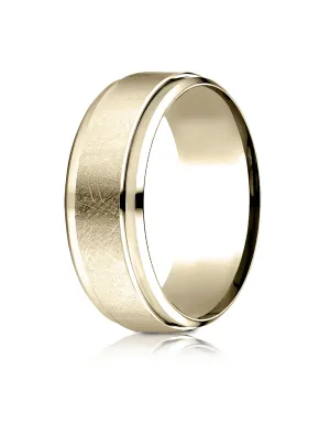 Benchmark 18k Yellow Gold 7mm Comfort-Fit Drop Bevel Swirl Finish Center Design Band, (Sizes 4-15)