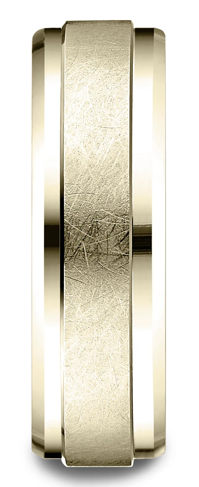 Benchmark 18k Yellow Gold 7mm Comfort-Fit Drop Bevel Swirl Finish Center Design Band, (Sizes 4-15)