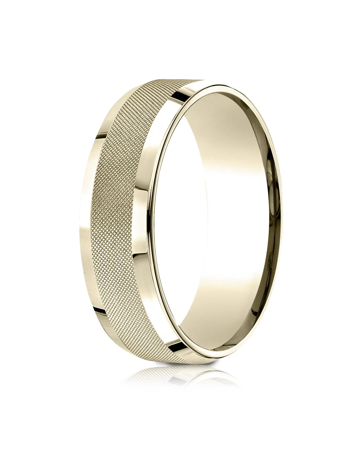 Benchmark 18k Yellow Gold 7mm Comfort-Fit High Polish Round Edge Cross Hatch Center Design Band, (4-15)