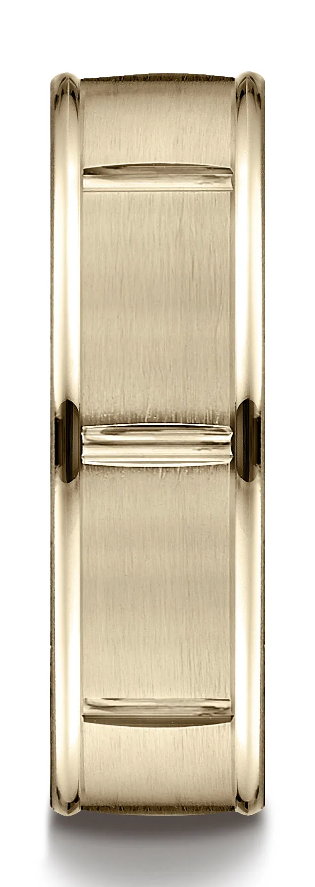 Benchmark 18k Yellow Gold 7mm Comfort-Fit Satin-Finish 8 Center Cuts & Round Edge Carved Design Band