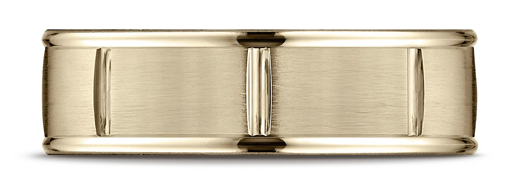 Benchmark 18k Yellow Gold 7mm Comfort-Fit Satin-Finish 8 Center Cuts & Round Edge Carved Design Band
