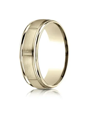 Benchmark 18k Yellow Gold 7mm Comfort-Fit Satin-Finish 8 Center Cuts & Round Edge Carved Design Band