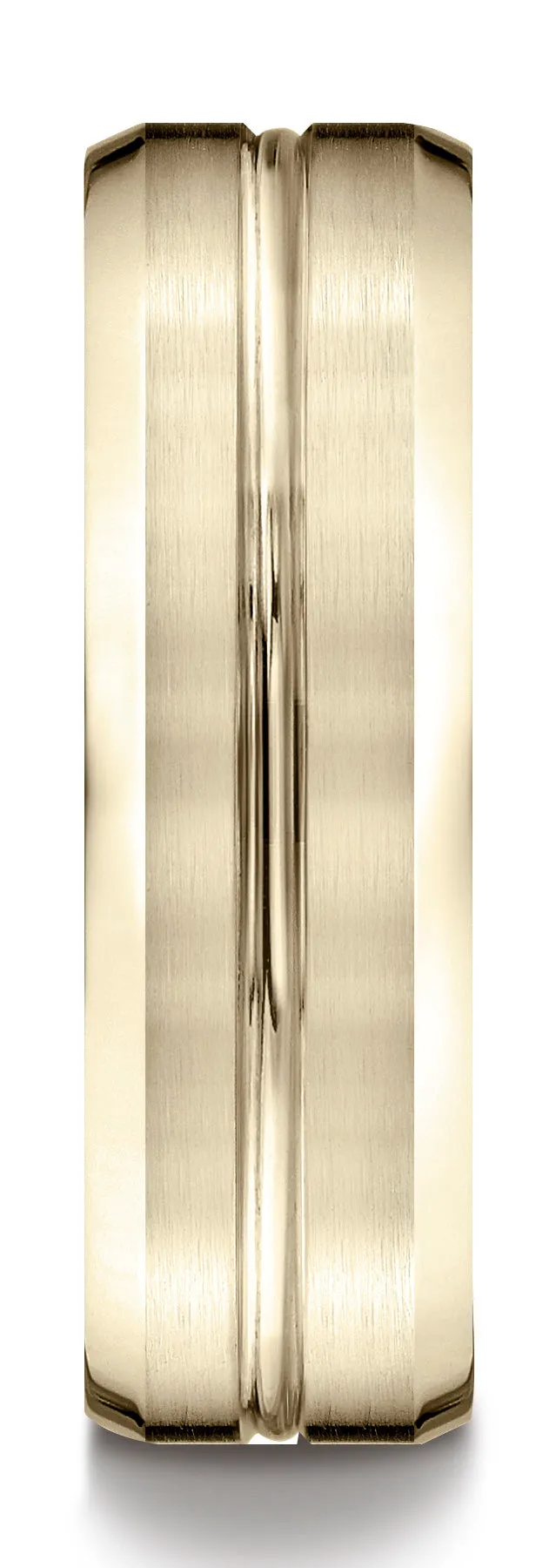 Benchmark 18k Yellow Gold 7mm Comfort-Fit Satin-Finish with High Polished Cut Carved Design Band ( 4-15)