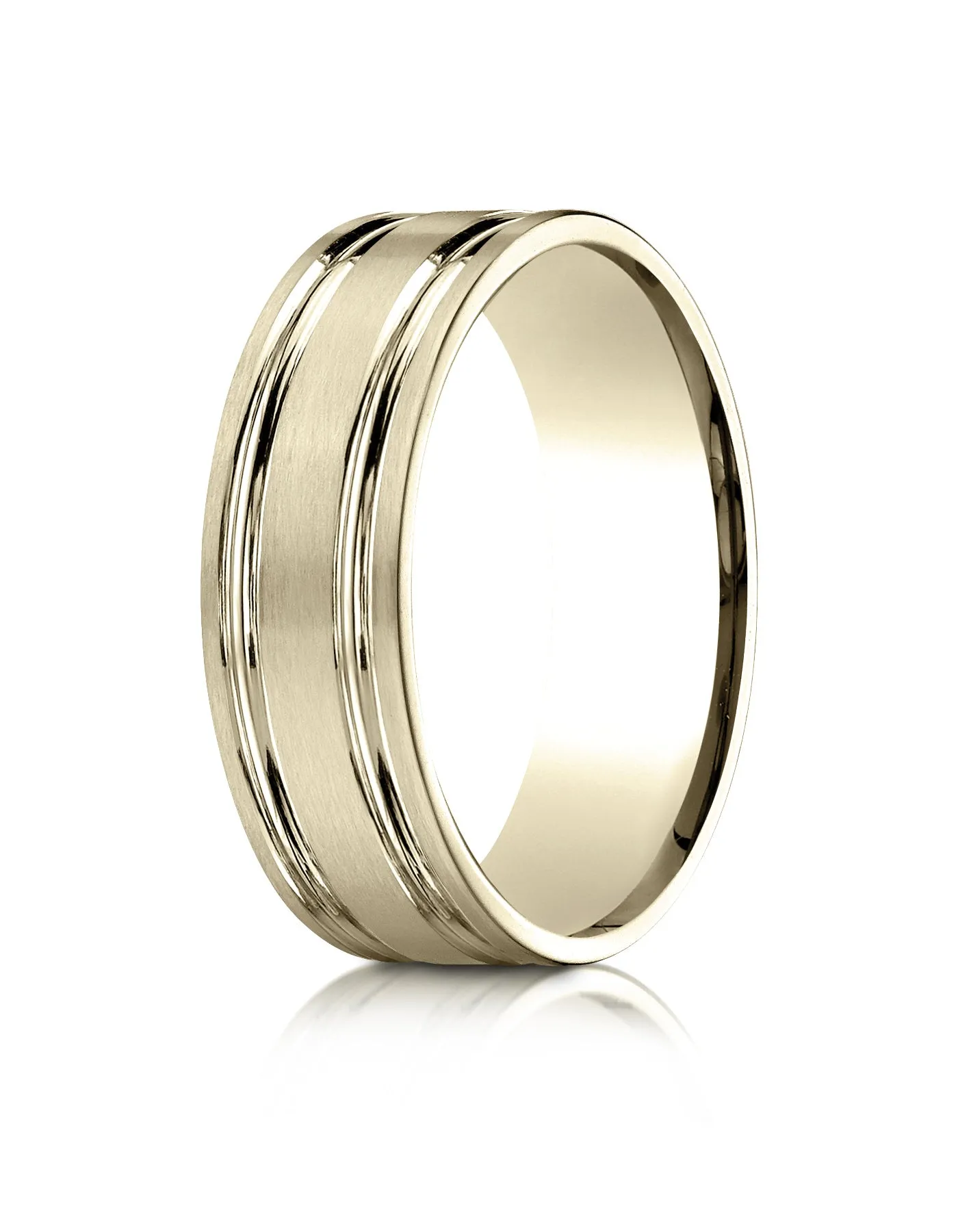Benchmark 18k Yellow Gold 7mm Comfort-Fit Satin-Finish with Parallel Grooves Carved Design Band, (4-15)