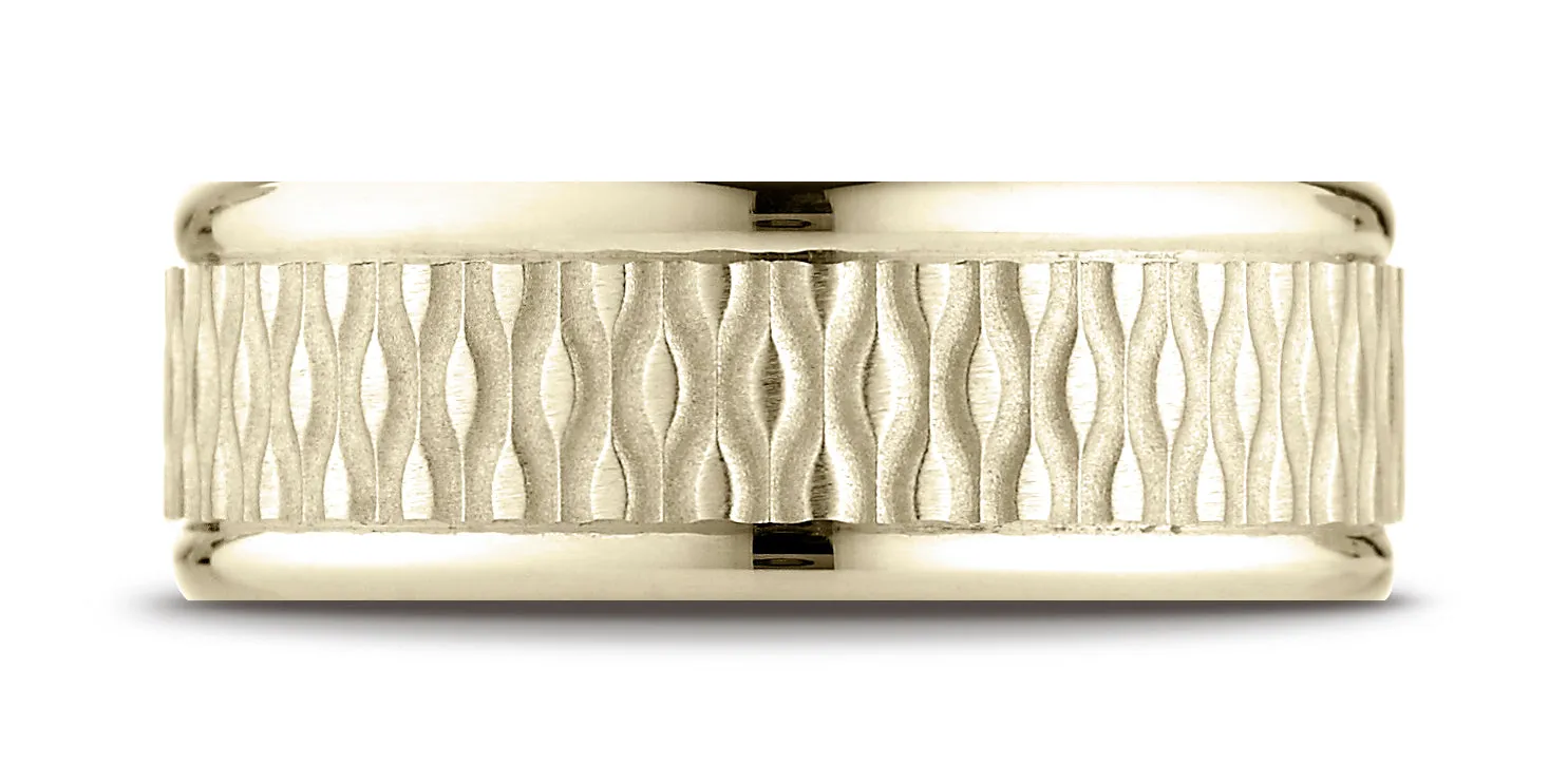 Benchmark 18K Yellow Gold 8mm Comfort-Fit Round Edge Patterned Design Wedding Band Ring (Sizes 4 - 15 )