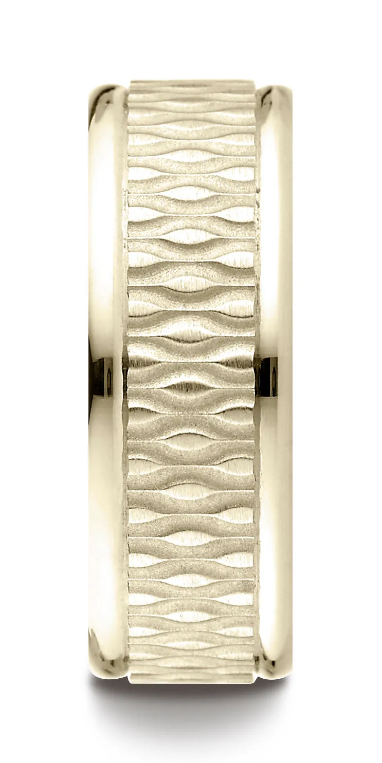 Benchmark 18K Yellow Gold 8mm Comfort-Fit Round Edge Patterned Design Wedding Band Ring (Sizes 4 - 15 )