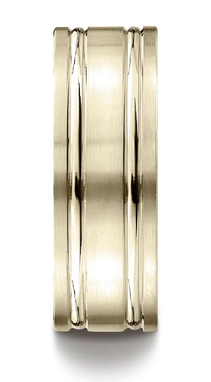 Benchmark 18K Yellow Gold 8mm Comfort-Fit Satin-Finished w/  Parallel Grooves Carved Design Wedding Band