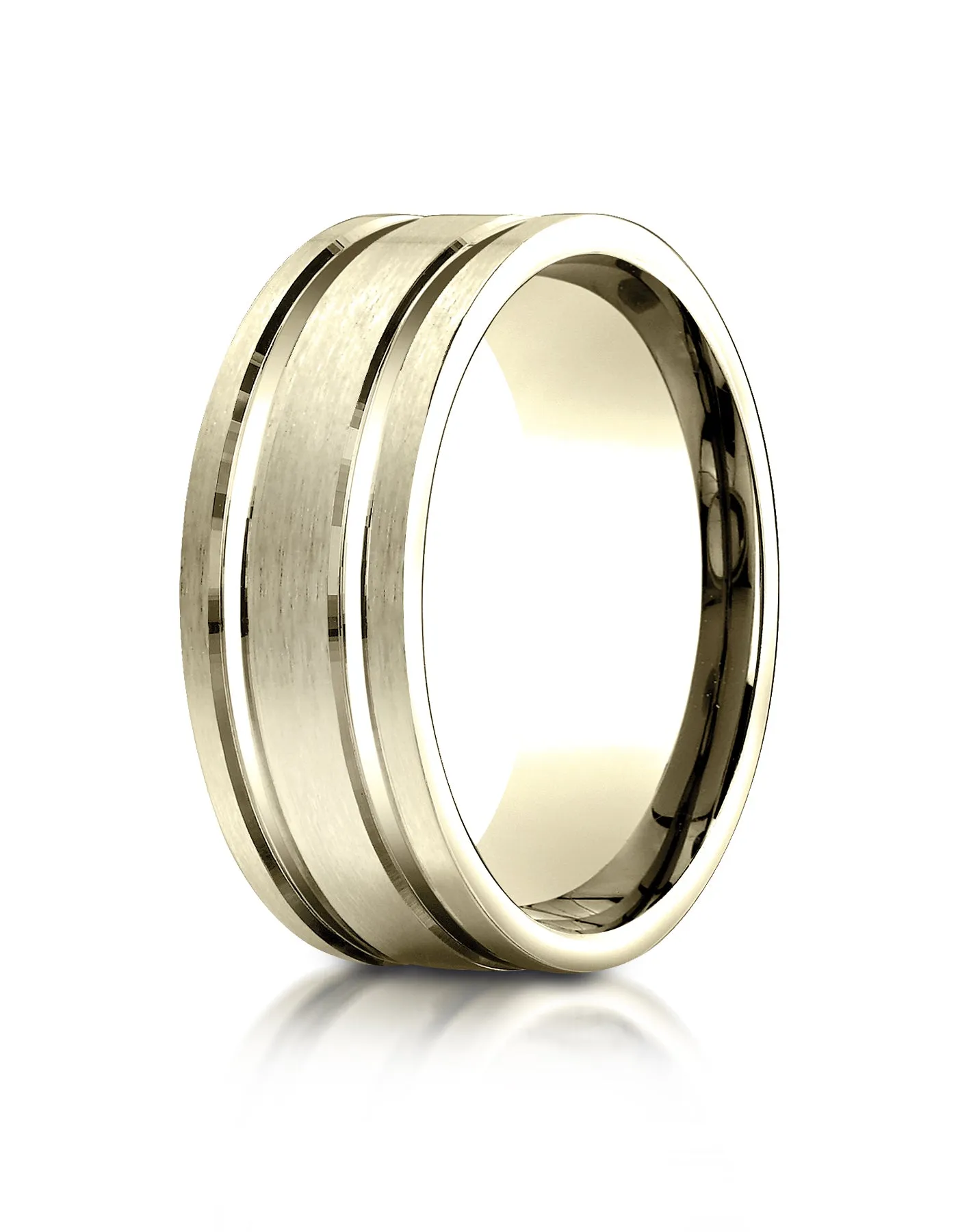 Benchmark 18K Yellow Gold 8mm Comfort-Fit Satin-Finished w/  Parallel Grooves Carved Design Wedding Band
