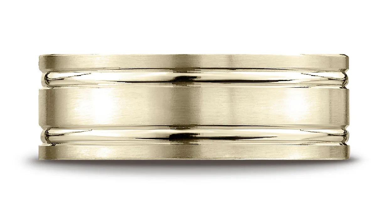 Benchmark 18K Yellow Gold 8mm Comfort-Fit Satin-Finished w/  Parallel Grooves Carved Design Wedding Band