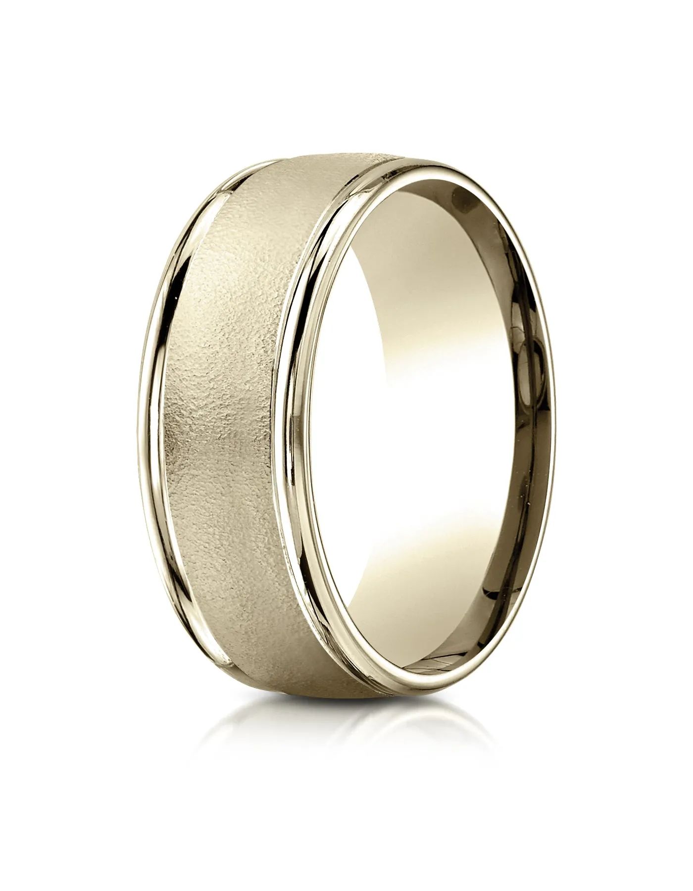 Benchmark 18K Yellow Gold 8mm Comfort-Fit Wire Brush Finish with Round Edge Carved Design Wedding Band