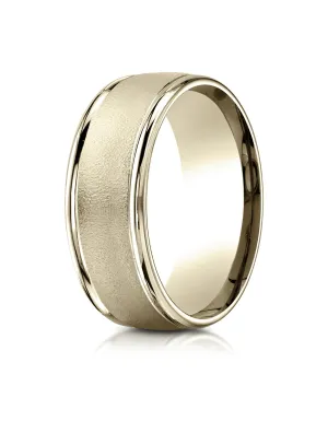 Benchmark 18K Yellow Gold 8mm Comfort-Fit Wire Brush Finish with Round Edge Carved Design Wedding Band