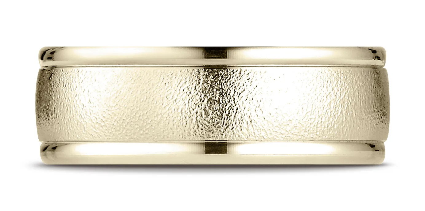 Benchmark 18K Yellow Gold 8mm Comfort-Fit Wire Brush Finish with Round Edge Carved Design Wedding Band