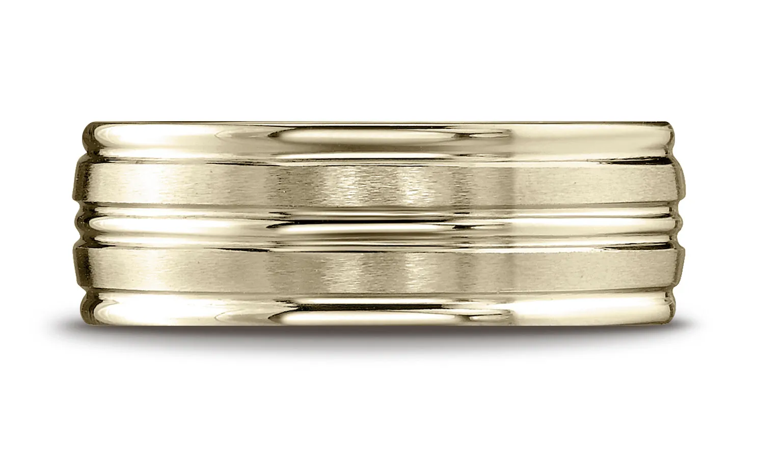 Benchmark 18K Yellow Gold 8mm Comfort-Fit with High Polish Center Trim and Round Edge Carved Design Ring