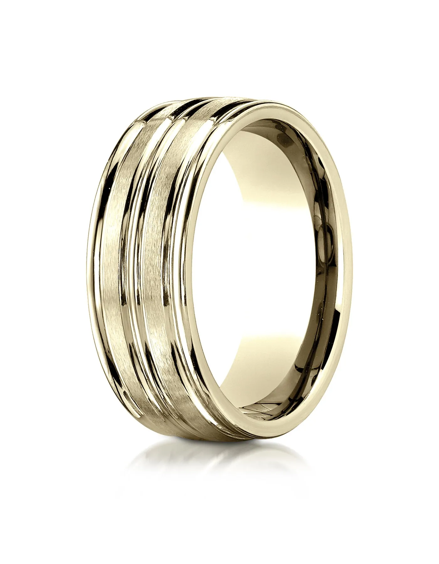 Benchmark 18K Yellow Gold 8mm Comfort-Fit with High Polish Center Trim and Round Edge Carved Design Ring