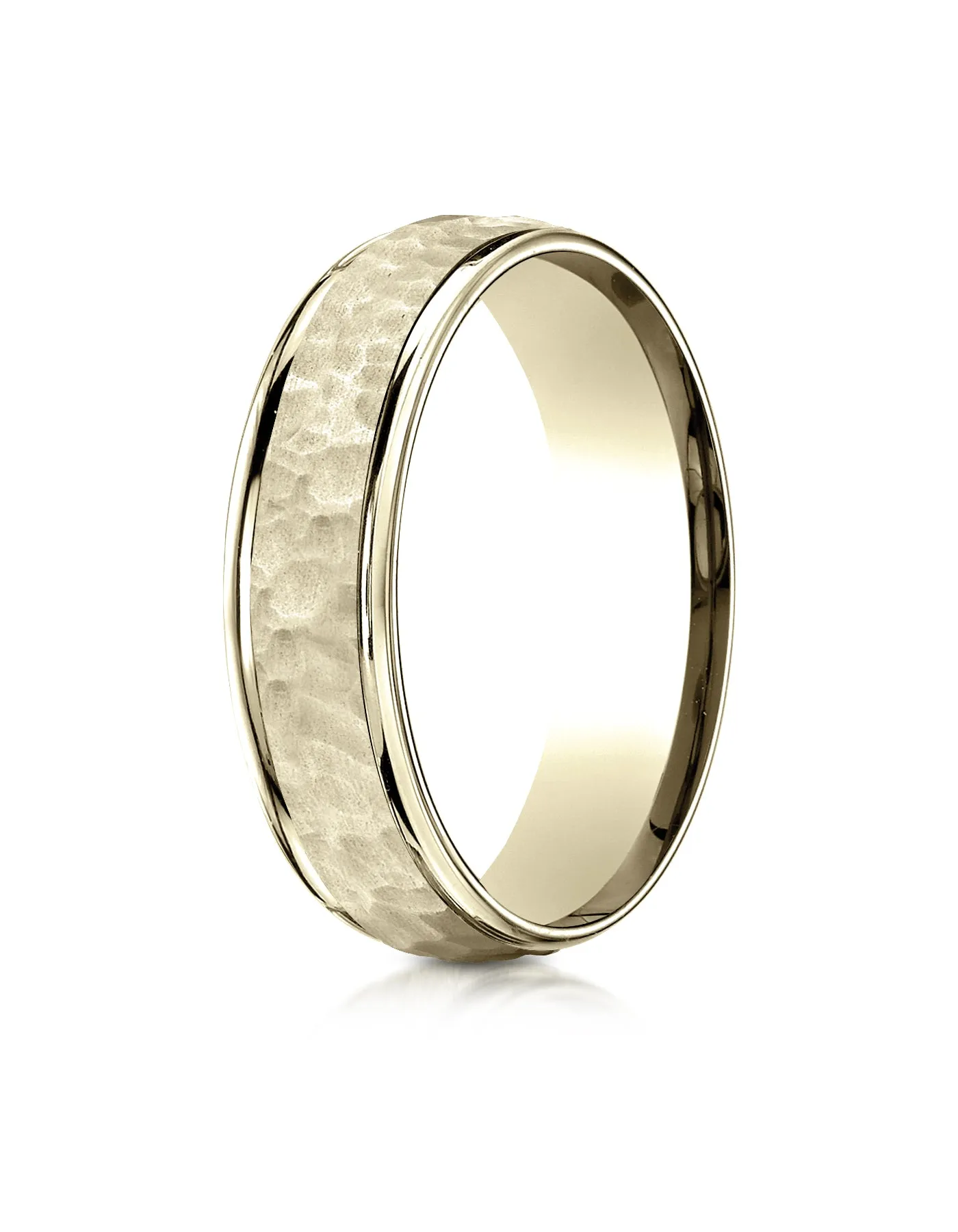 Benchmark 18K Yellow Gold Comfort-Fit 6mm High Polish Edge Hammered Center Design Wedding Band Ring,.