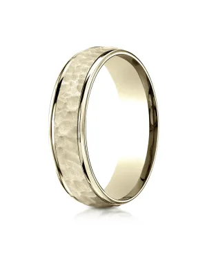 Benchmark 18K Yellow Gold Comfort-Fit 6mm High Polish Edge Hammered Center Design Wedding Band Ring,.
