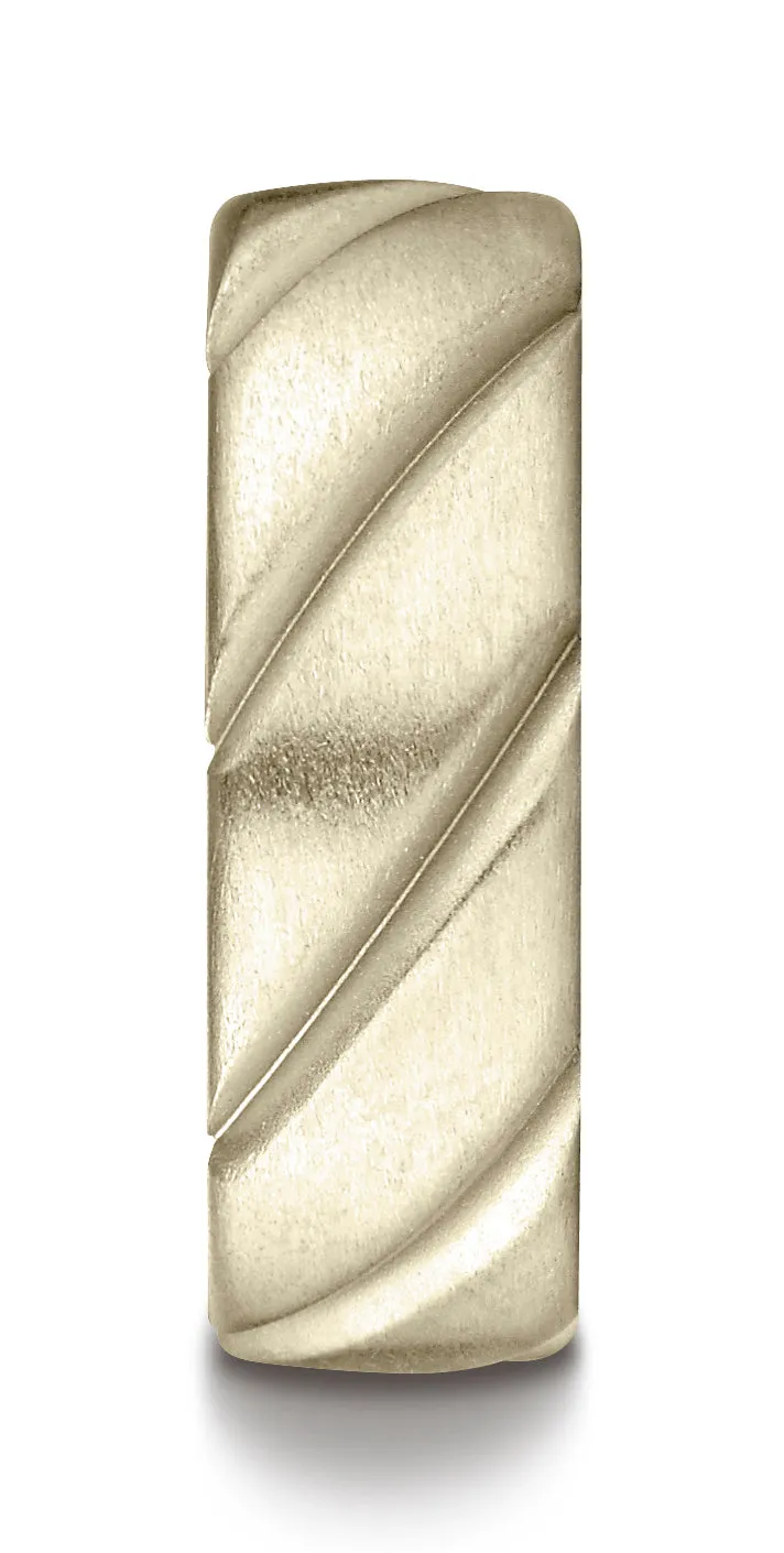 Benchmark 18K Yellow Gold Comfort-Fit 7.5mm Satin Finished Swirl Pattern Design Wedding Band Ring