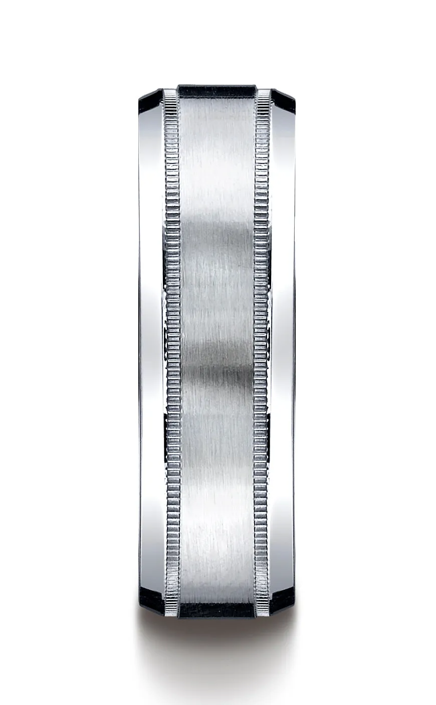 Benchmark Argentium Silver 7mm Comfort-Fit Satin-Finished Center with Milgrain Design Wedding Band Ring