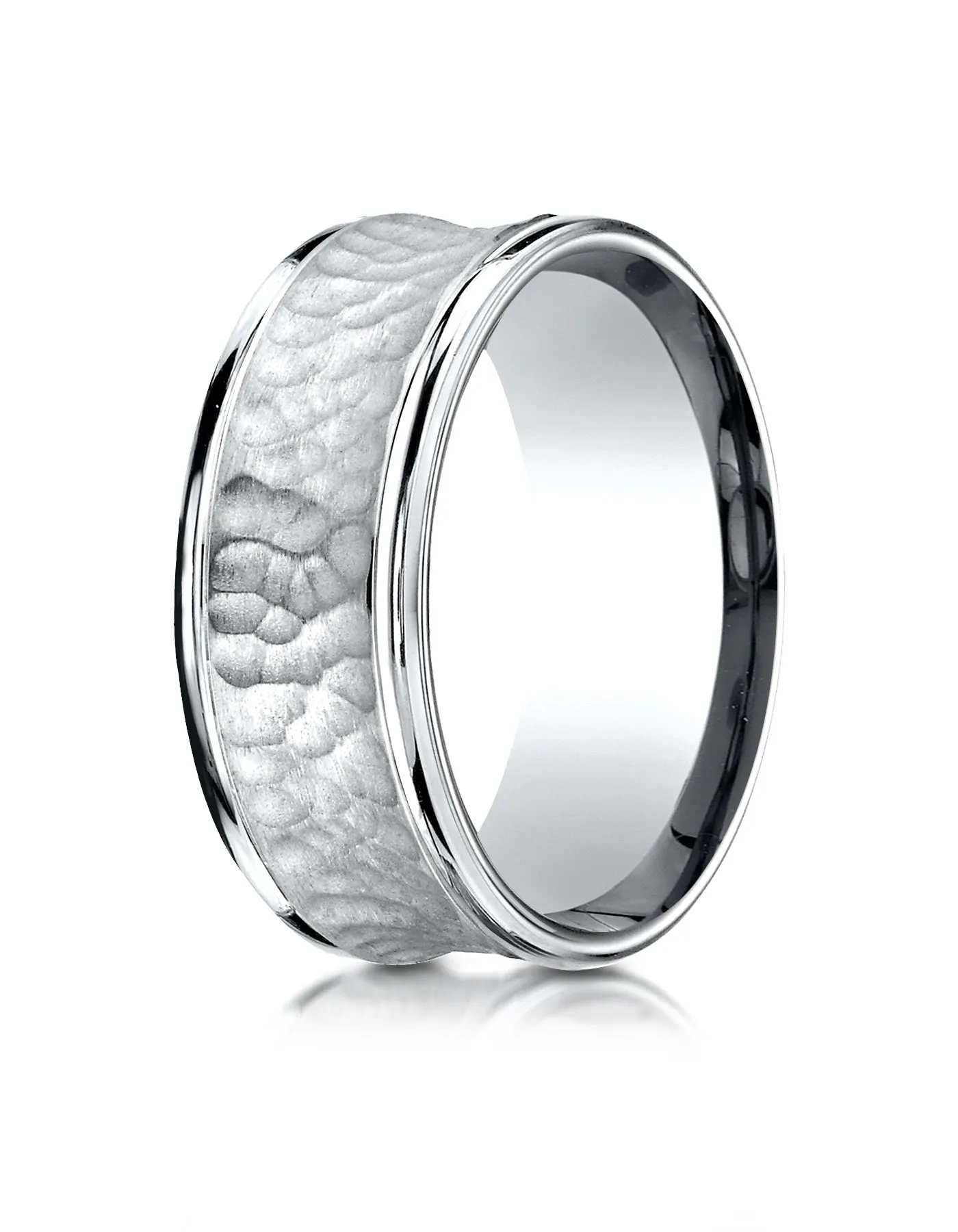 Benchmark Argentium Silver 9mm Comfort-Fit Hammered Center Round Edge Design Band, (Size 6-15)
