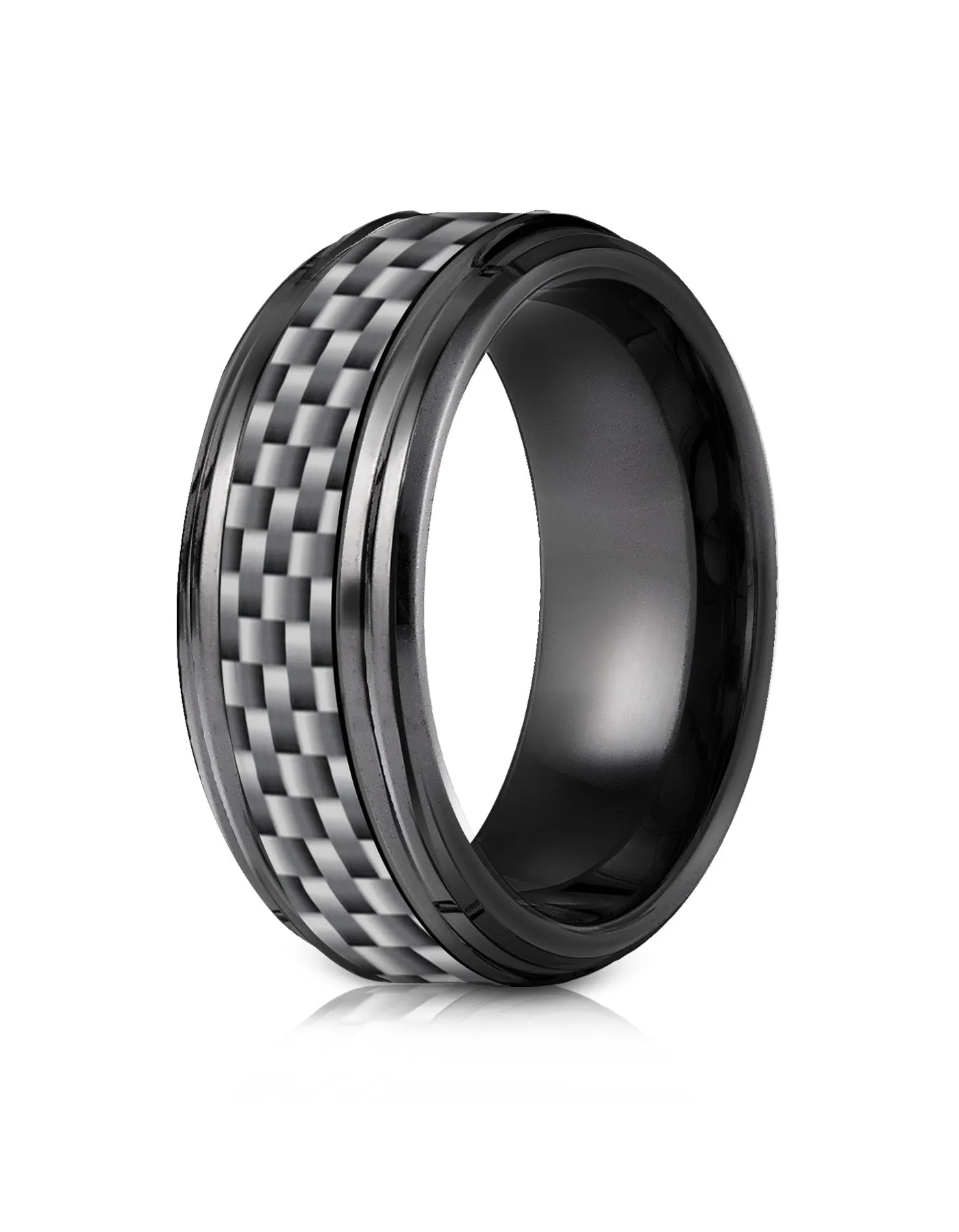 Benchmark Black Titanium 7mm Comfort-Fit Beveled Edge Pattern Design Ring, (Sizes 6-14)