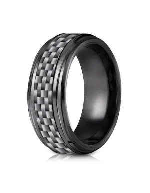 Benchmark Black Titanium 7mm Comfort-Fit Beveled Edge Pattern Design Ring, (Sizes 6-14)
