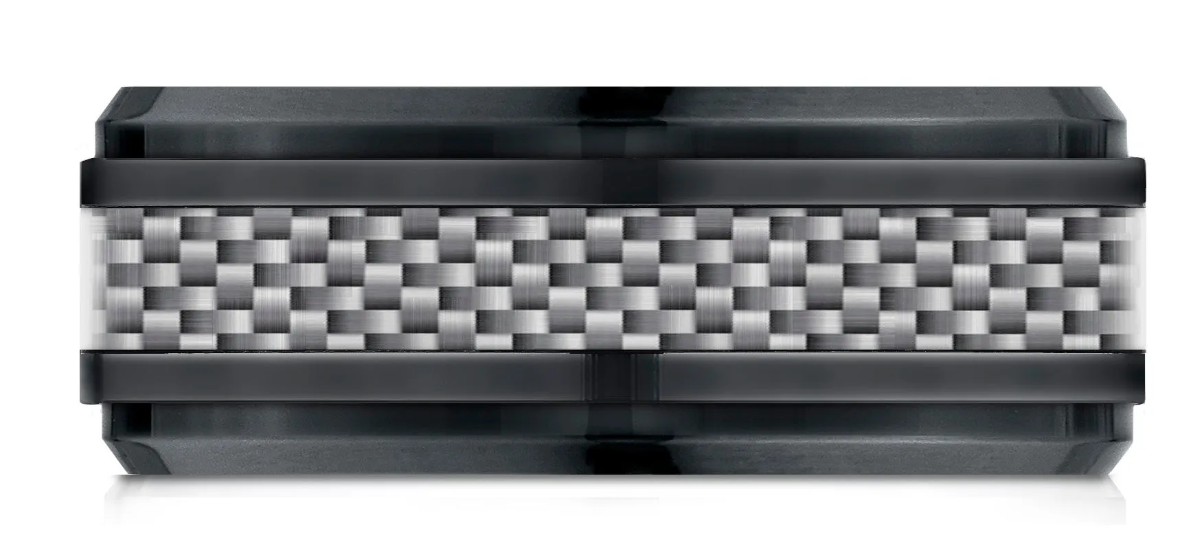 Benchmark Black Titanium 7mm Comfort-Fit Beveled Edge Pattern Design Ring, (Sizes 6-14)