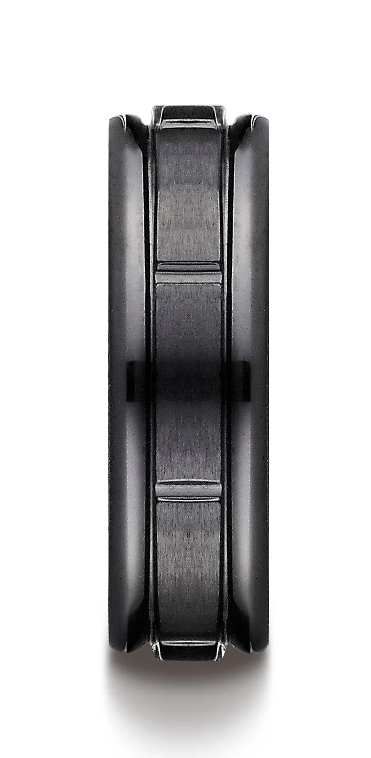 Benchmark Black Titanium 7mm Comfort-Fit Satin-Finished Round Edge Design Wedding Band Ring