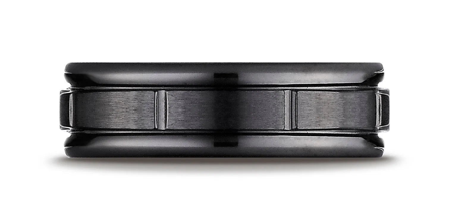 Benchmark Black Titanium 7mm Comfort-Fit Satin-Finished Round Edge Design Wedding Band Ring