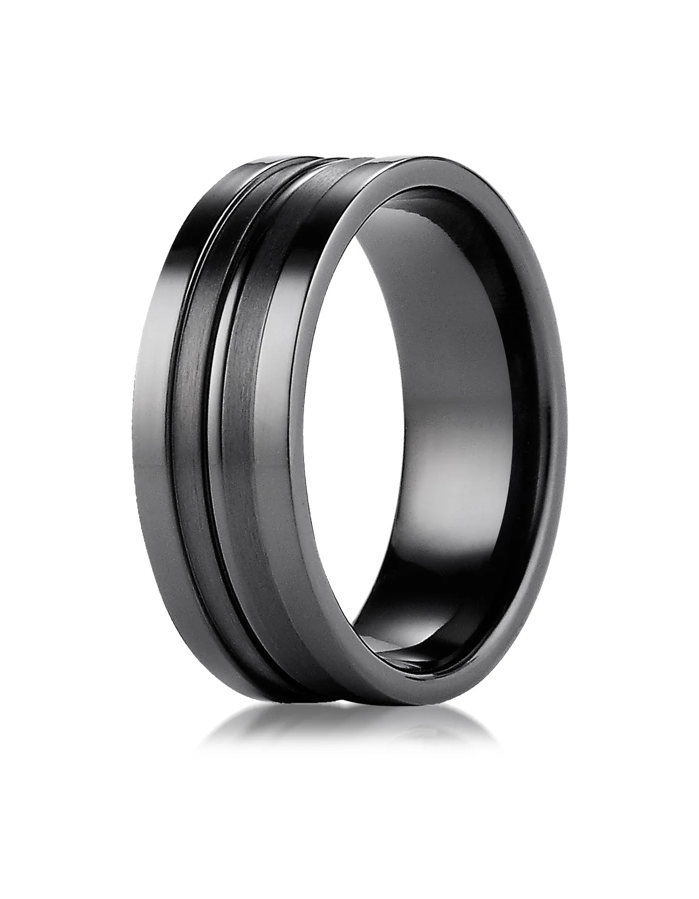 Benchmark Black Titanium 8mm Comfort-Fit w/  High Polish Center Cut Squared Edge Carved Design Band Ring