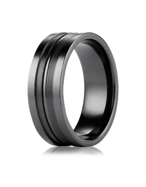 Benchmark Black Titanium 8mm Comfort-Fit w/  High Polish Center Cut Squared Edge Carved Design Band Ring