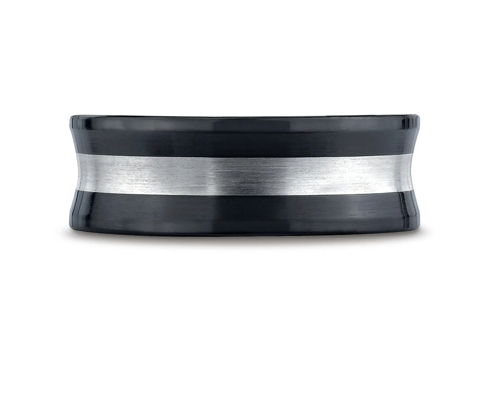 Benchmark Ceramic 8mm Comfort-Fit Satin-Finished Concave Silver Inlay Design Wedding Band Ring