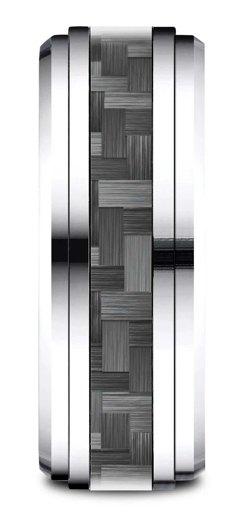 Benchmark Cobaltchrome 9mm Comfort-Fit Drop Beveled Edge Grey Carbon Fiber Design Ring, (Sizes 6-14)