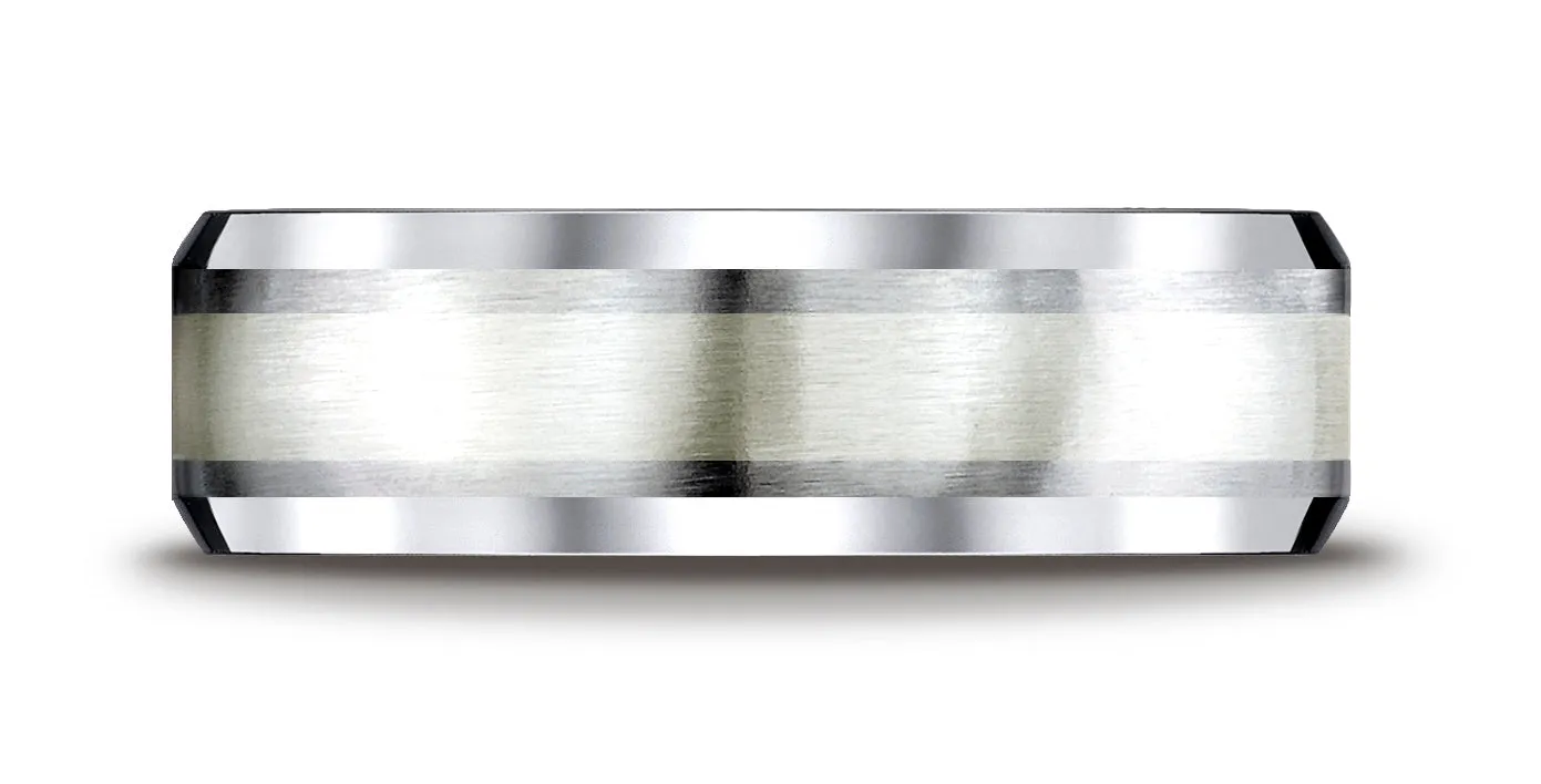 Benchmark Cobaltchrome™- Silver 7mm Comfort-Fit Satin-Finished Silver Inlay Design Wedding Band Ring