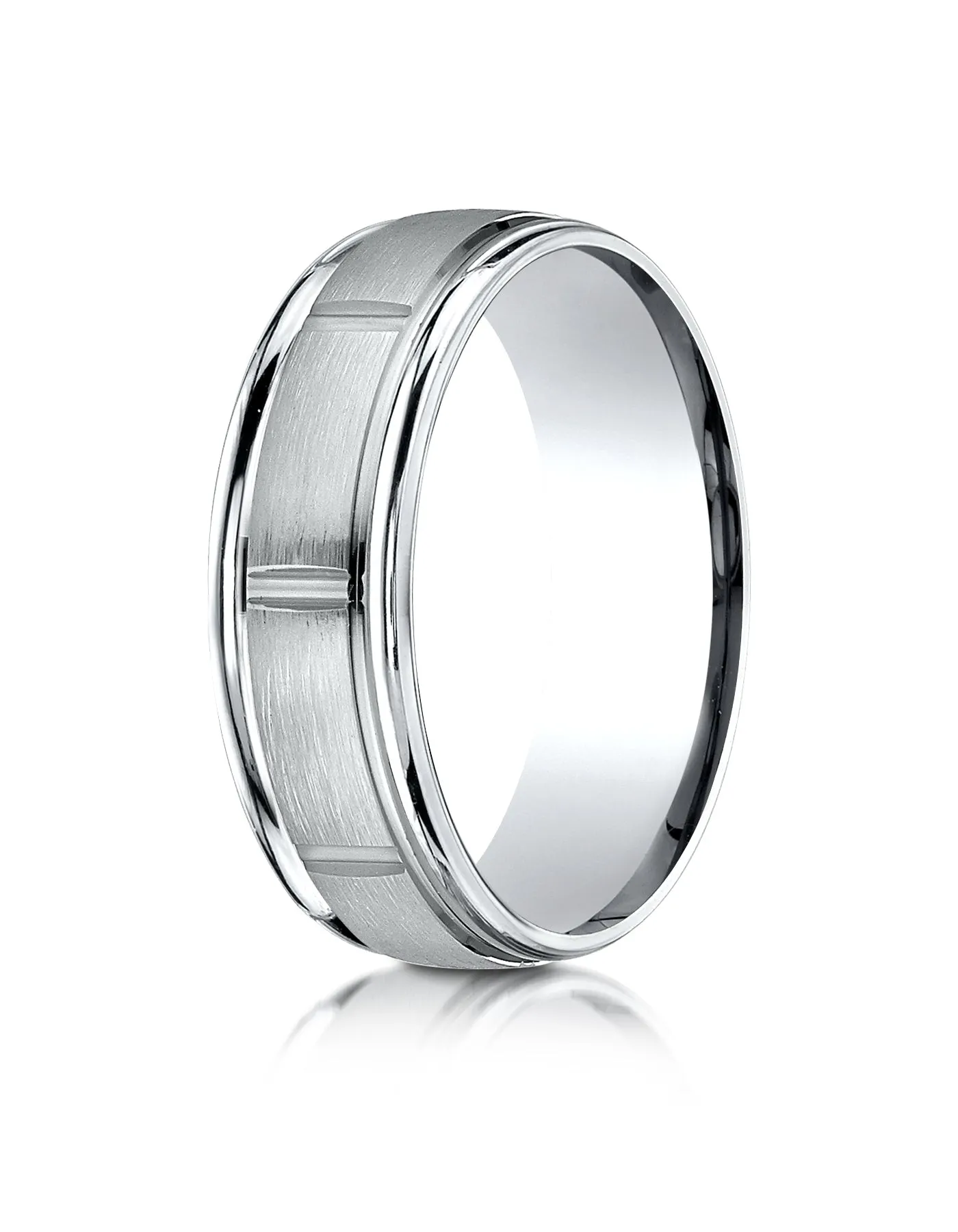 Benchmark Palladium 7mm Comfort-Fit Satin-Finish 8 Center Cuts and Round Edge Carved Design Band, (4-15)