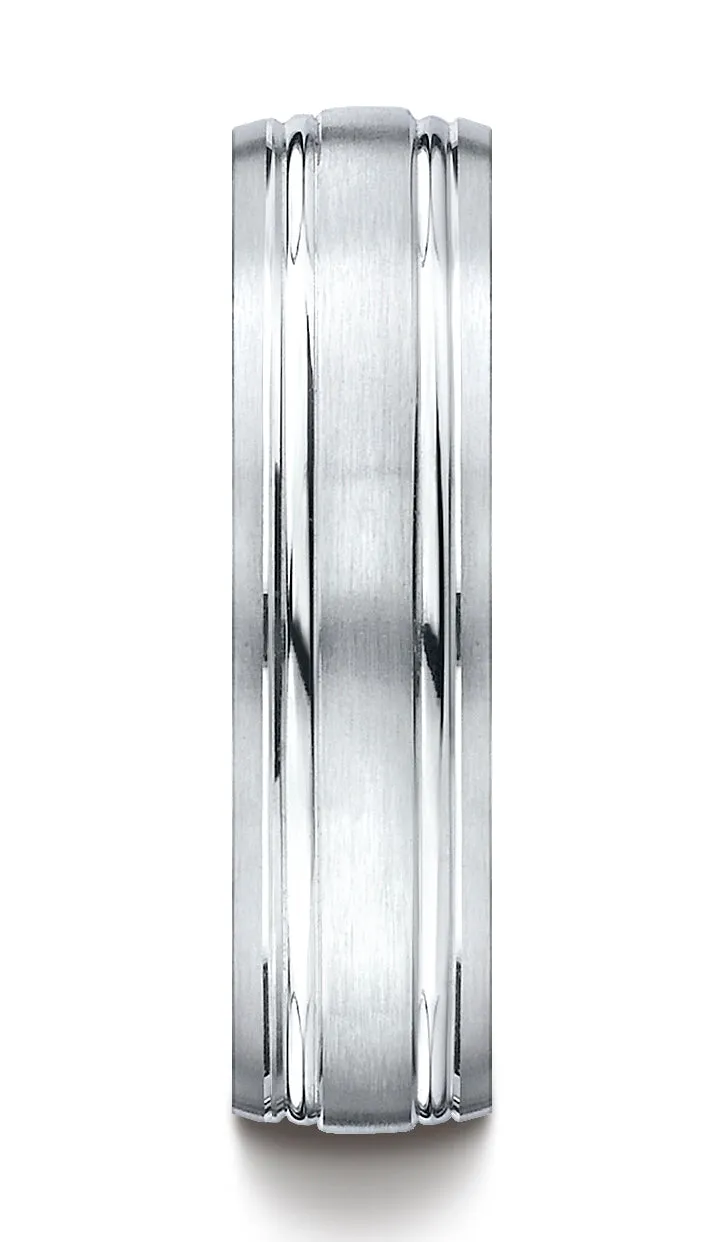 Benchmark Platinum 6mm Comfort-Fit Satin-Finished with Parallel Grooves Carved Design Wedding Band Ring