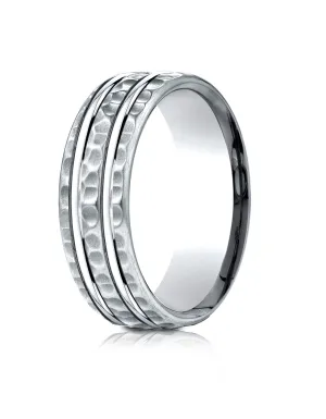 Benchmark Platinum 7.5mm Comfort-Fit Hammered Finish Double High Polish Cut Design Band, (Sizes 4-14)