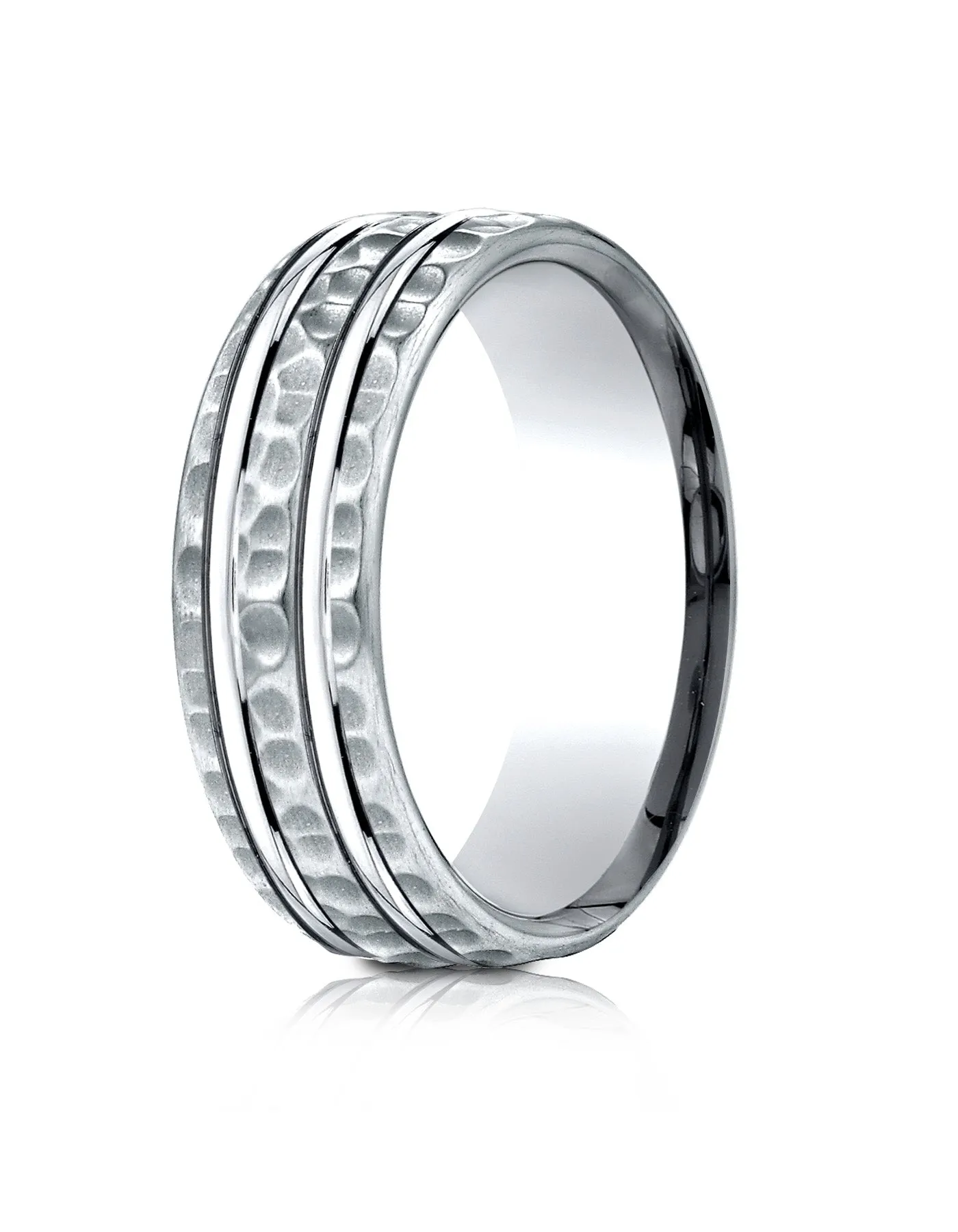 Benchmark Platinum 7.5mm Comfort-Fit Hammered Finish Double High Polish Cut Design Band, (Sizes 4-14)