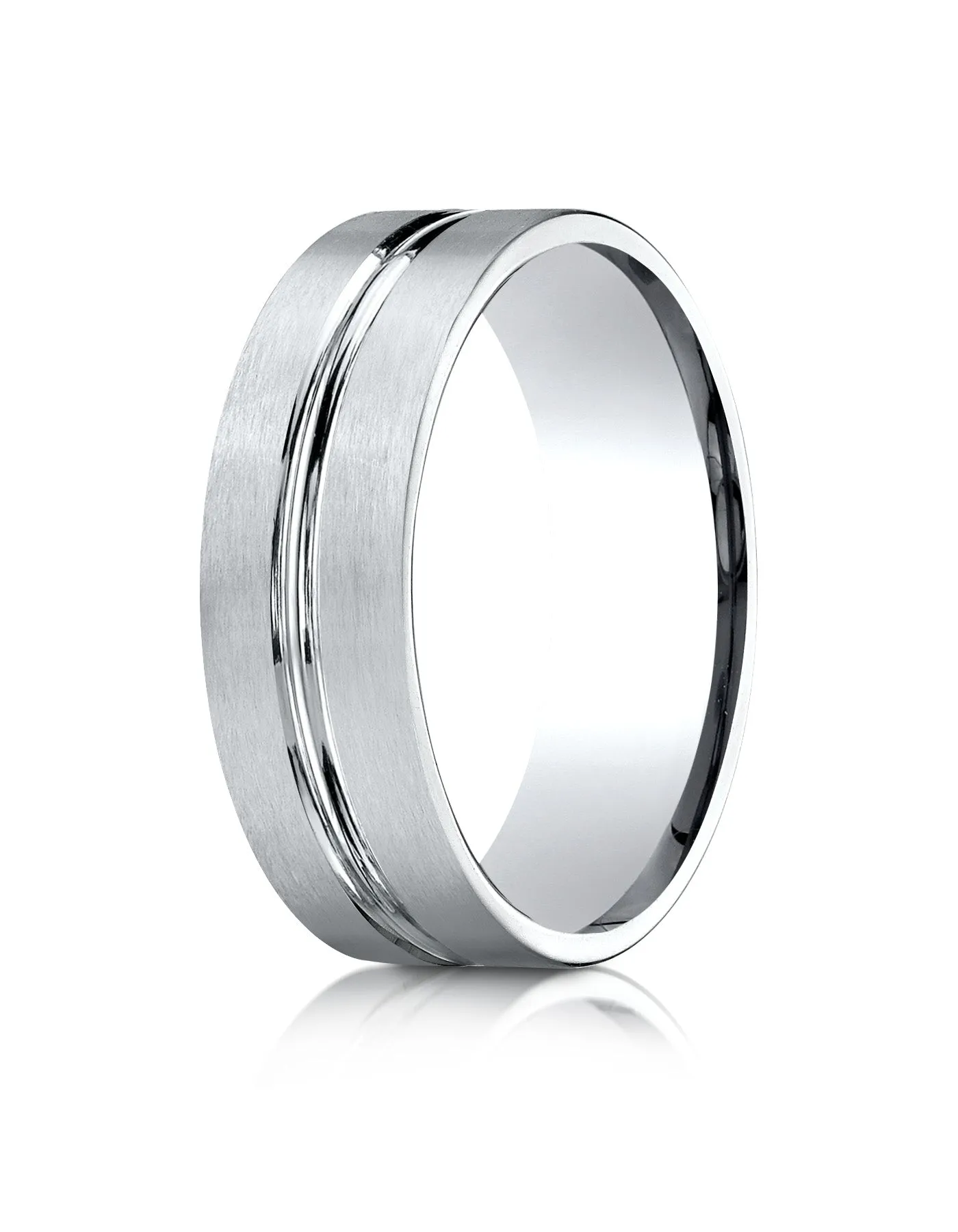 Benchmark Platinum 7mm Comfort-Fit Satin-Finish with High Polished Center Cut Carved Design Band ( 4-15)