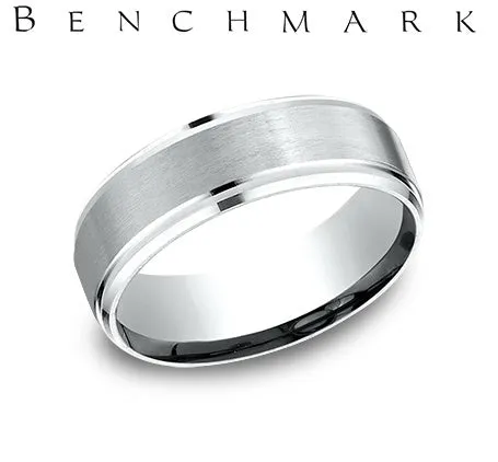 Benchmark Platinum 7mm Comfort-Fit Satin-Finished Drop Beveled Edge Carved Design Wedding Band Ring