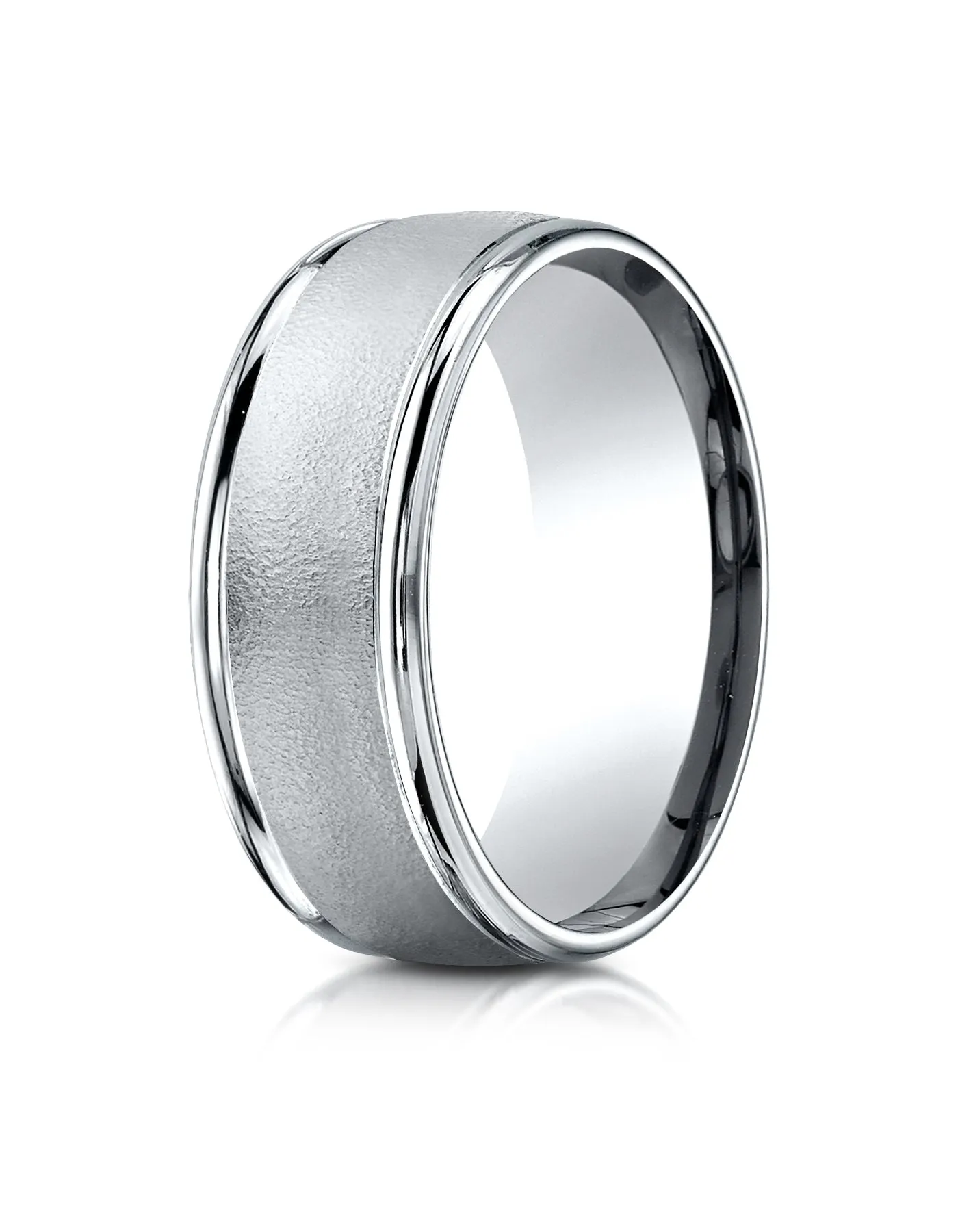Benchmark Platinum 8mm Comfort-Fit Wire Brush Finish High Polished Round Edge Carved Design Wedding Band