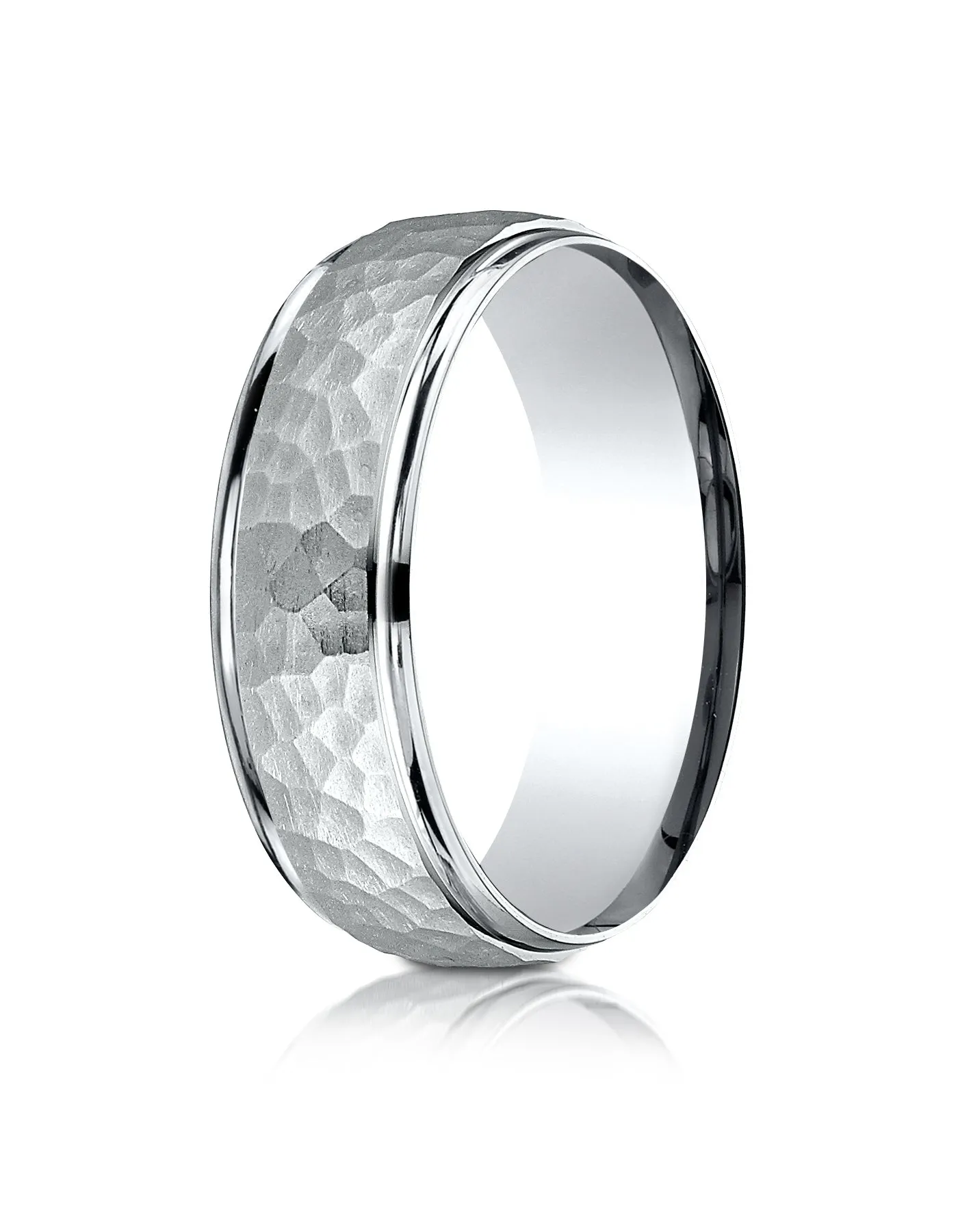 Benchmark Platinum Comfort-Fit 7mm High Polish Edge Hammered Center Design Band, (Sizes 6-13)