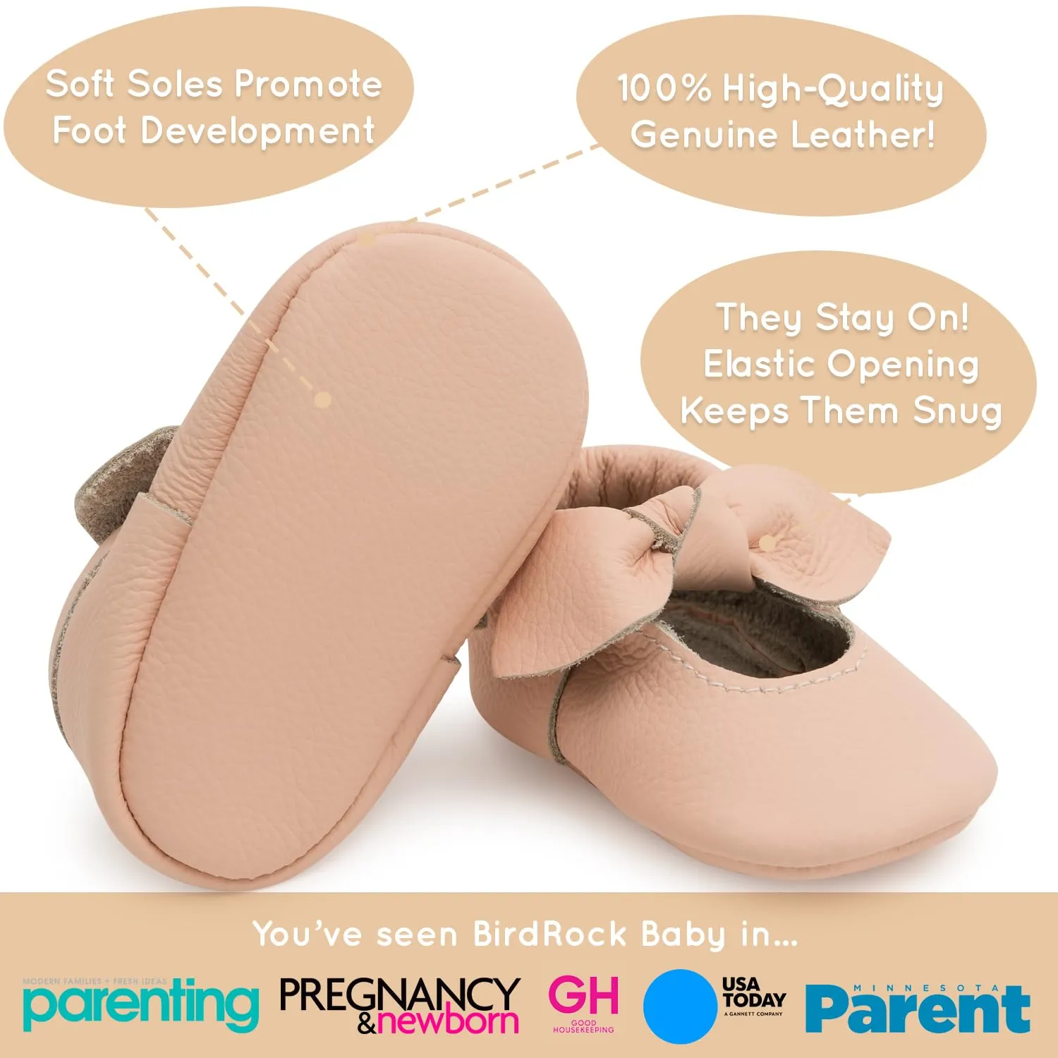 BirdRock Baby Bow and Knot Moccasins - Genuine Leather Baby Girl Shoes (Desert Rose Knot, US 2)