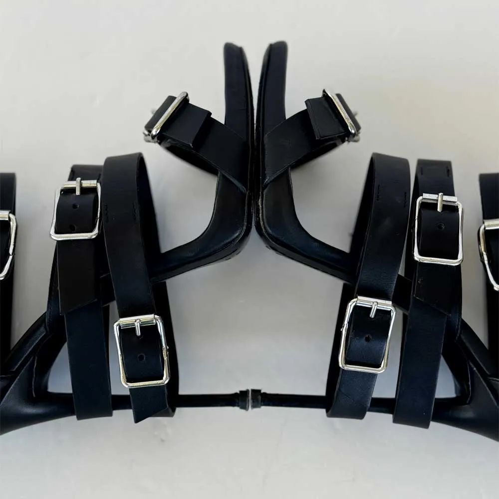 Black Leather Ankle Strap Sandals