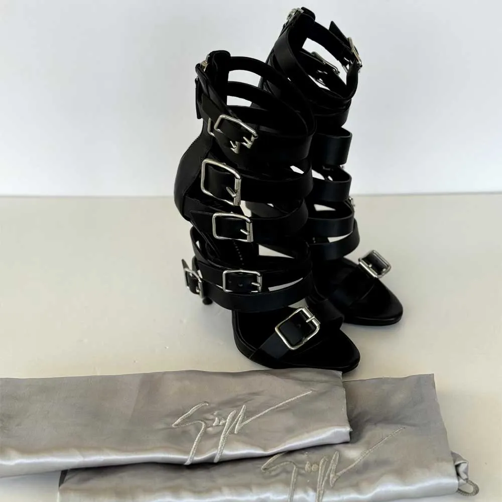 Black Leather Ankle Strap Sandals
