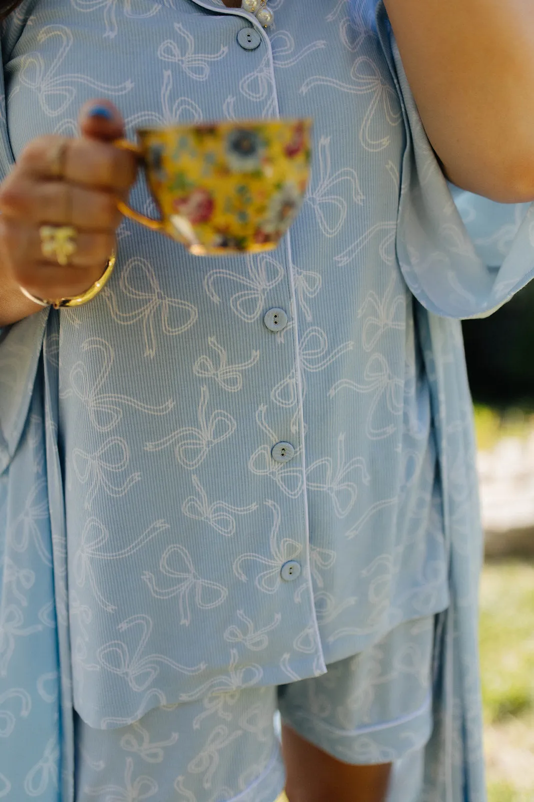 Blue Bow Ribbed Short Pajama Set