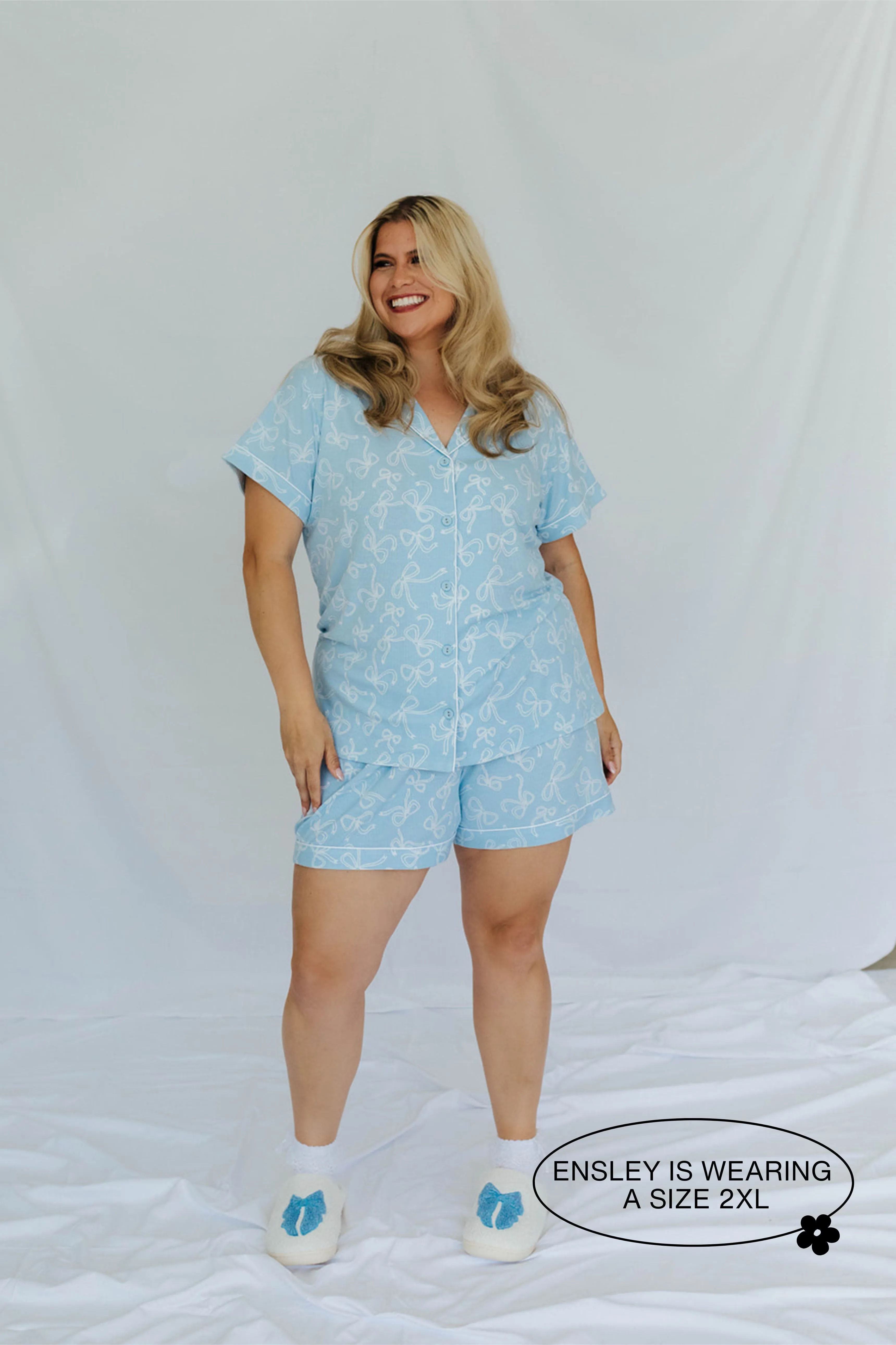 Blue Bow Ribbed Short Pajama Set