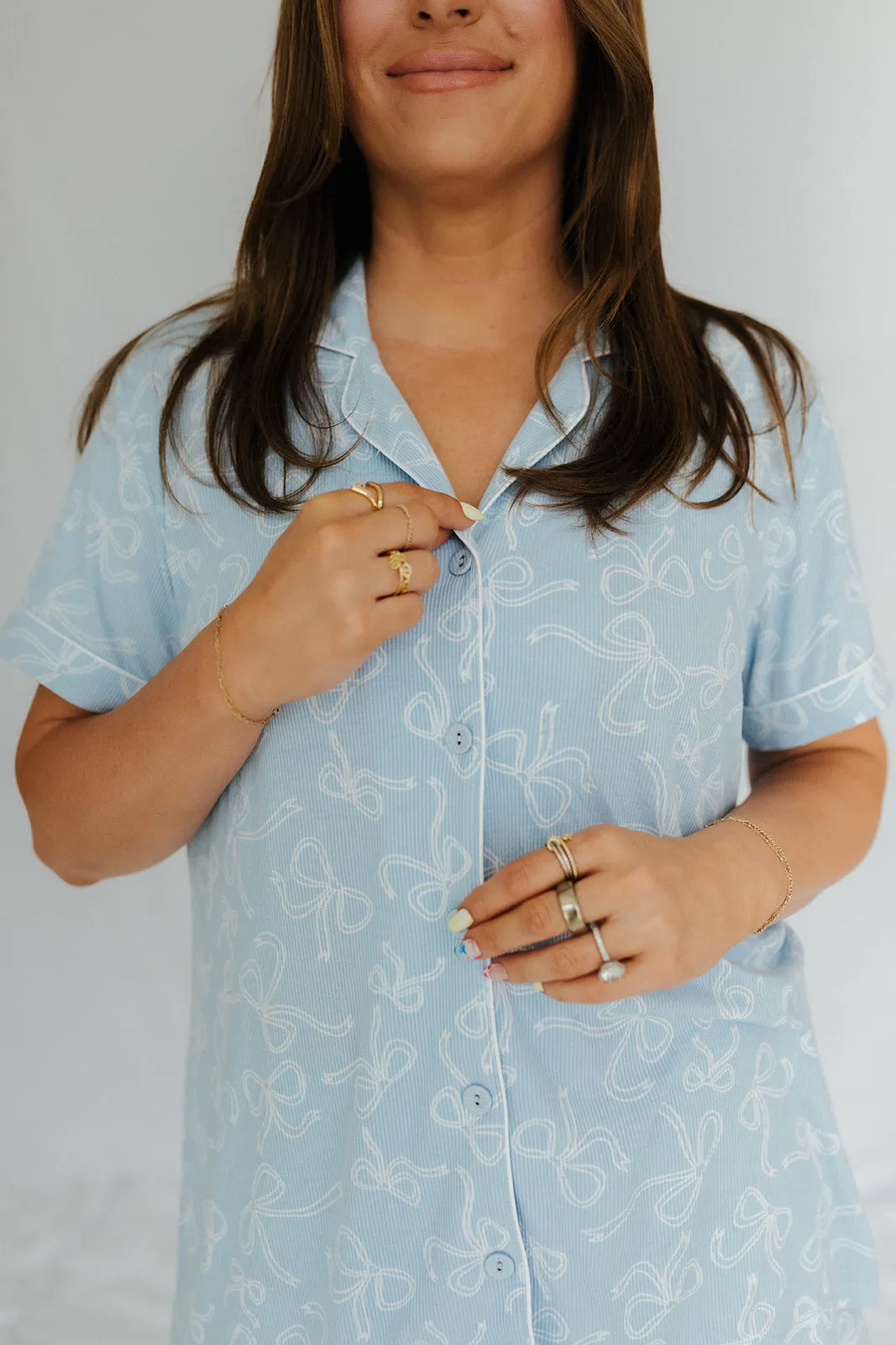 Blue Bow Ribbed Short Pajama Set