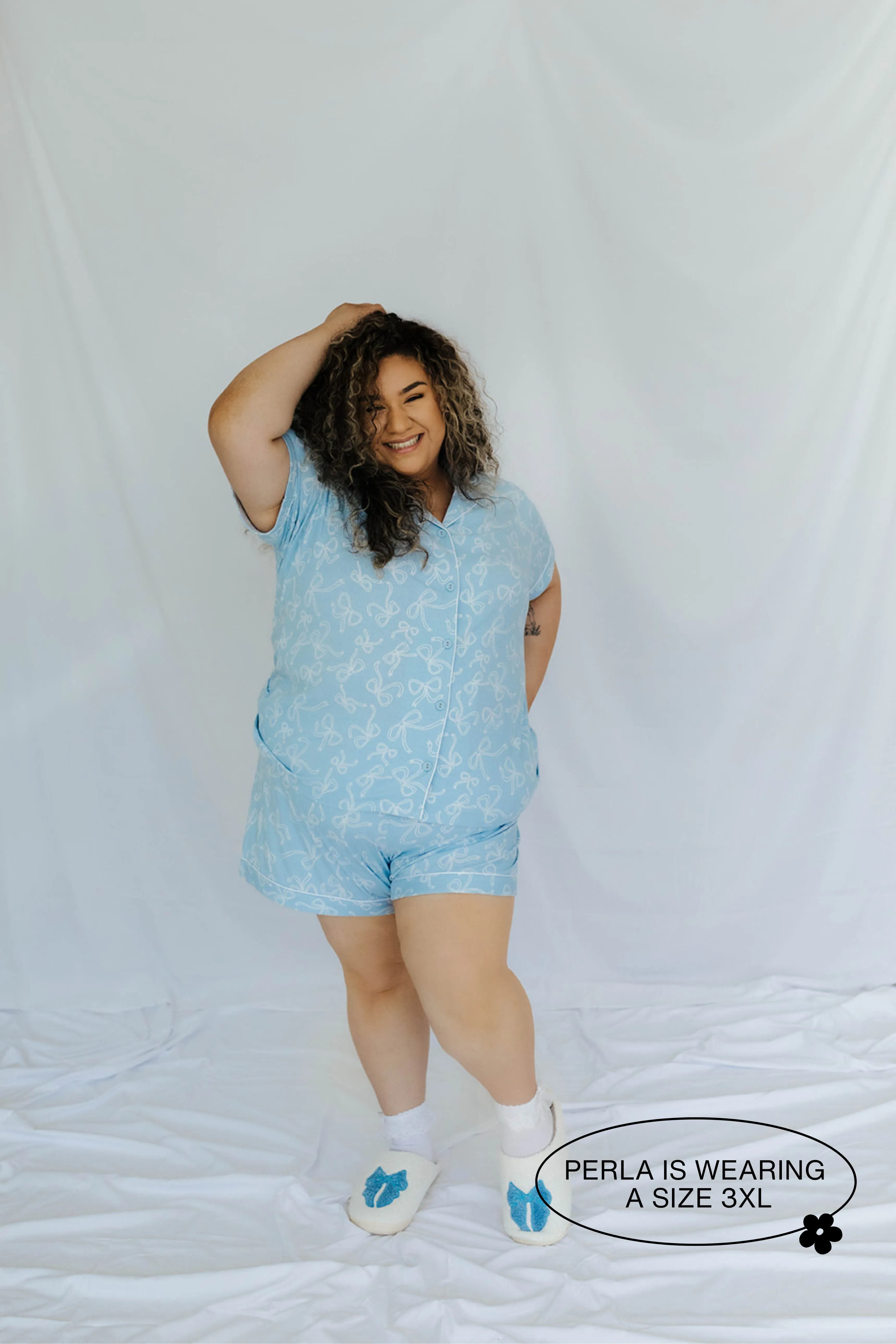 Blue Bow Ribbed Short Pajama Set